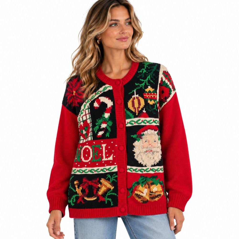 Vintage 1995 Tiara International Christmas Cardigan L Red Holiday Kitsch Santa